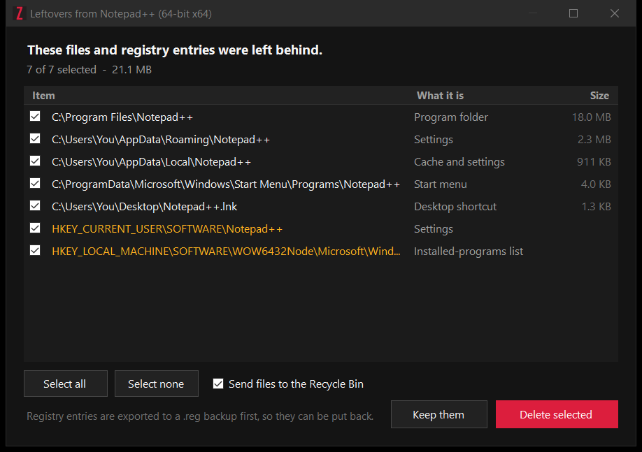 The leftovers window: a ticked list of folders, a desktop shortcut and registry keys left behind by Notepad++, with sizes and a Send files to the Recycle Bin option
